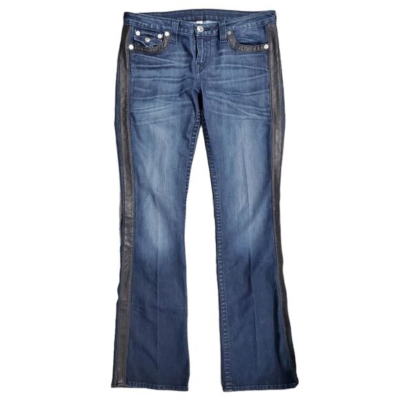 TRUE RELIGION Jeans Womens 31 Blue Leather Accent Flap Pockets Designer Bootcut - Picture 6 of 11